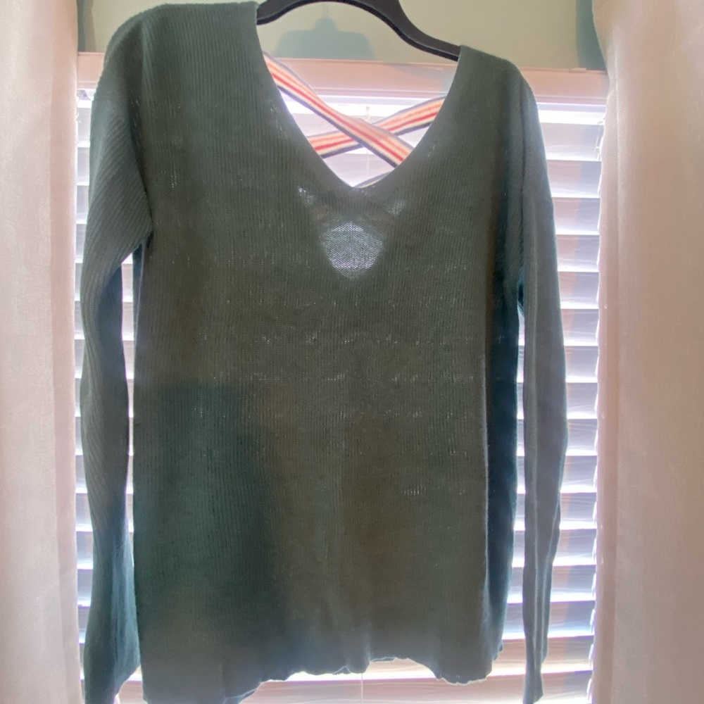 Hippie Rose Juniors Crisscross Back Sweater Green/turquoise V-neck Top